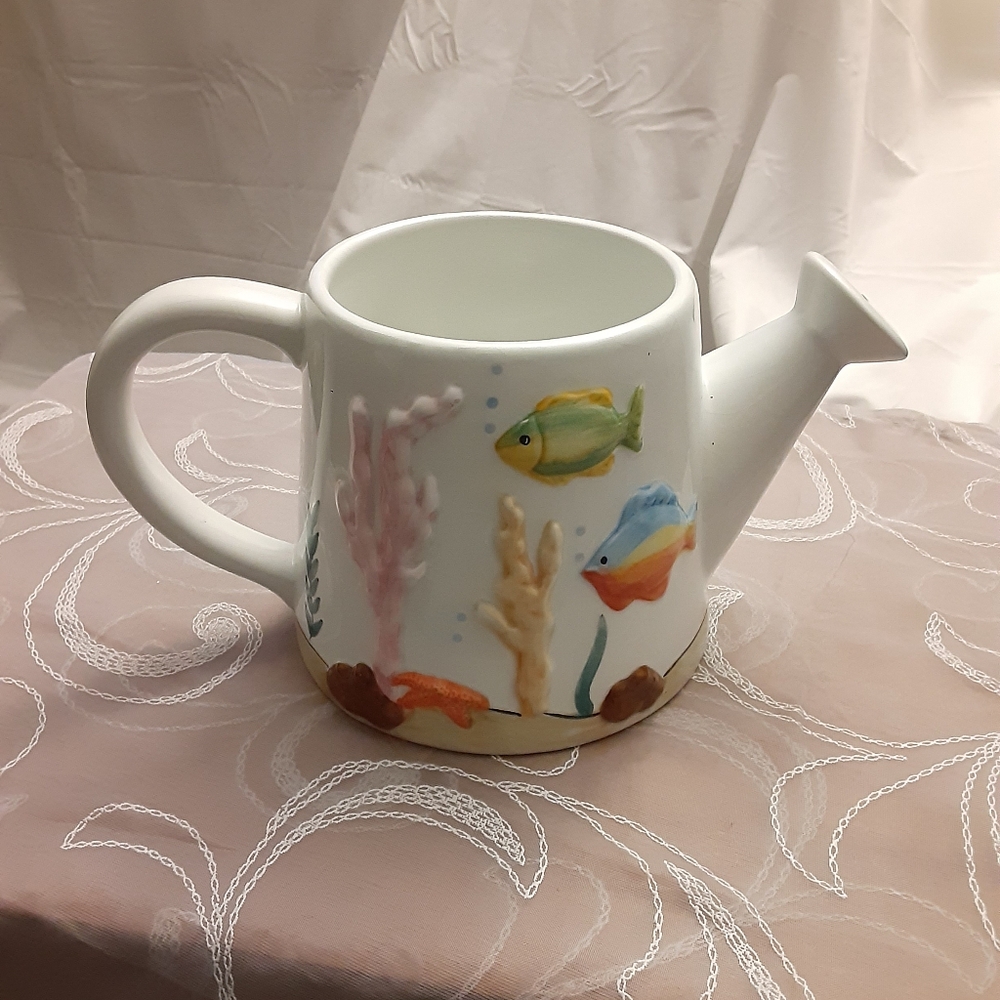 Ceramic Watering Can/Planter w/Tropical Fish Design 5" Tall Base 5.5" 4" Across